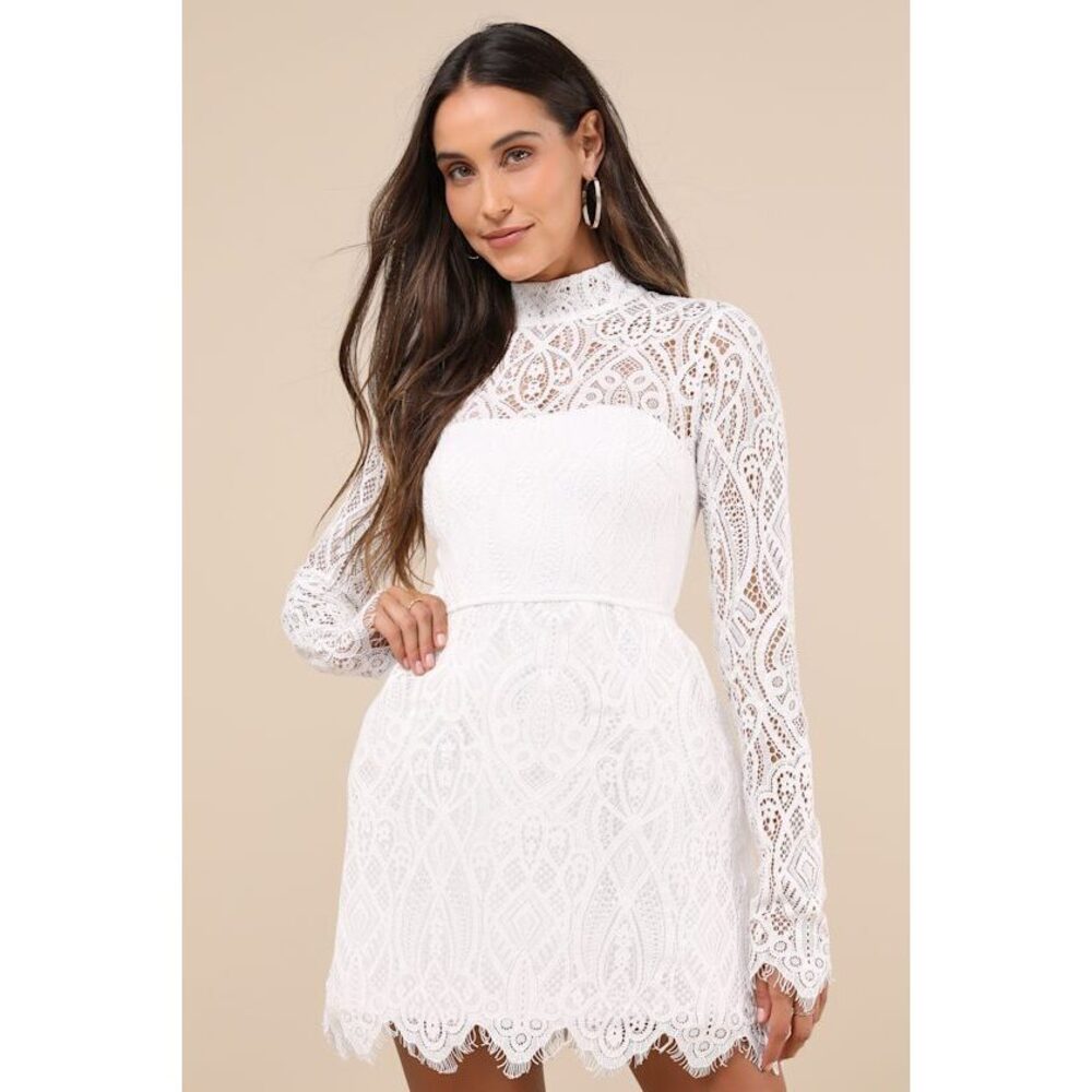 Lulus Gorgeous Attraction White Lace Structured Long Sleeve Mini Dress - Size XL